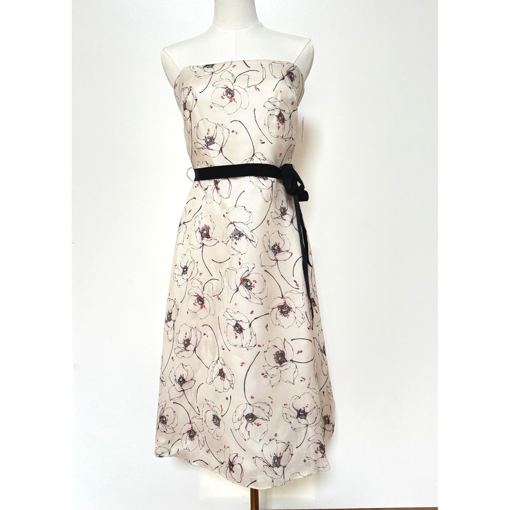 Kay Unger New York 100% silk Sz 6 Strapless Floral A Line Dress Ivory Black Belt